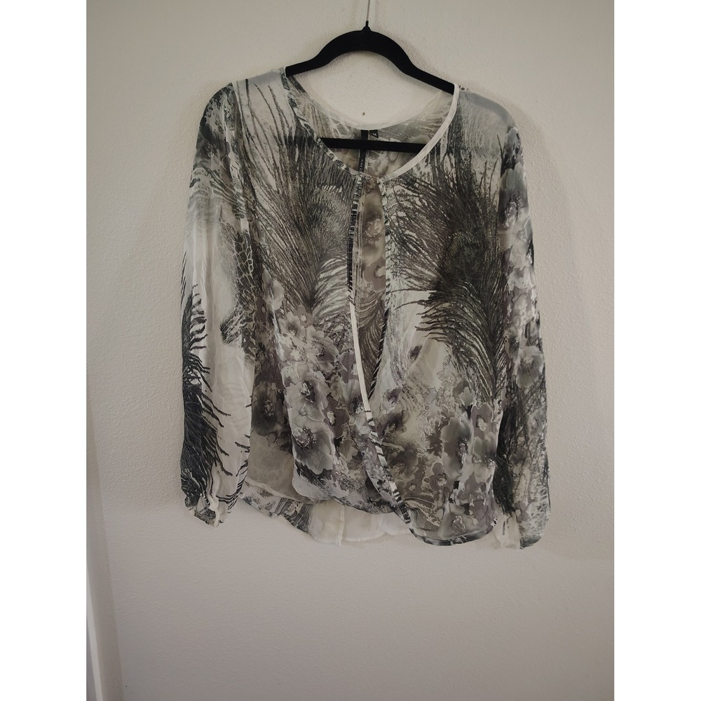 Kay Celine Gray White Floral Feather Print Draped Wrap Front Blouse Medium
